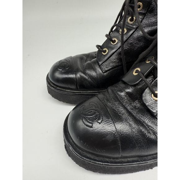 Chanel Leather Interlocking CC Logo Lace Up Combat Boots Black Women's Size 37 - Picture 4 of 10
